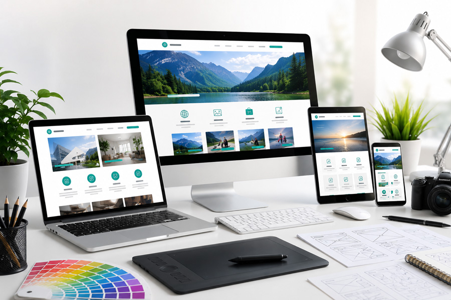 Laptop and desktop showing beautiful colourful website designs