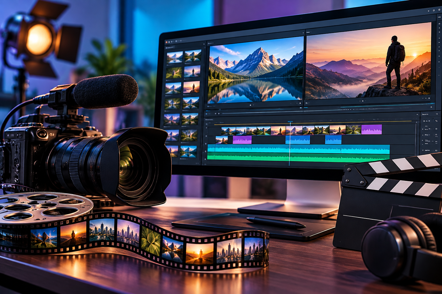 Professional video editing workspace with preview screen and editing timeline